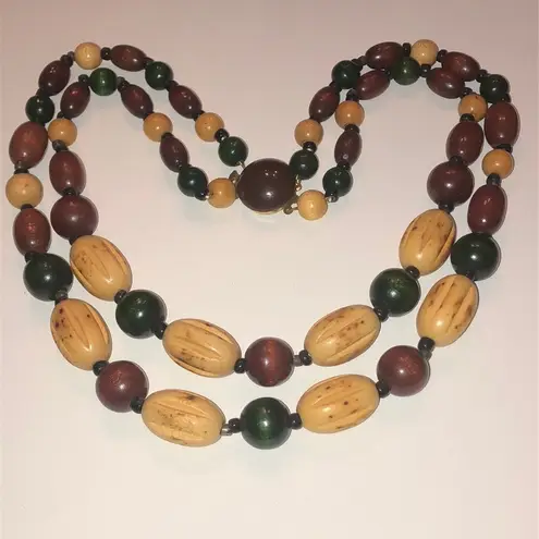 West Germany Vintage Green & Wood Beads Double Strand Beaded Boho Retro Necklace
