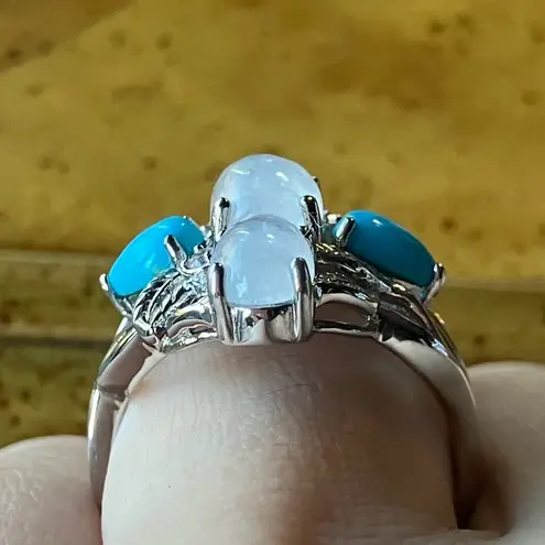 Natural Sleeping Beauty Turquoise Rainbow Moonstone Ring Size 8 Silver
