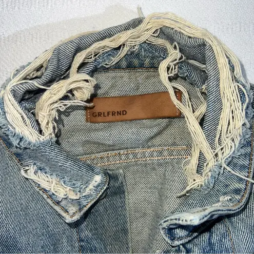 GRLFRND Cara Blue Denim Jacket Size XS Distressed USA Designer Raw Hem