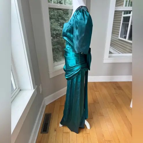 Vintage 80s Dk Green Satin Backless Oversized Bow Floor Length Prom Dress AS IS Size undefined
