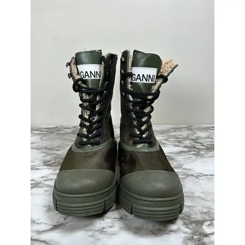 Ganni Shearling Hiking Ankle Combat Boots Size 36 New $375 Green Tubular Rubber
