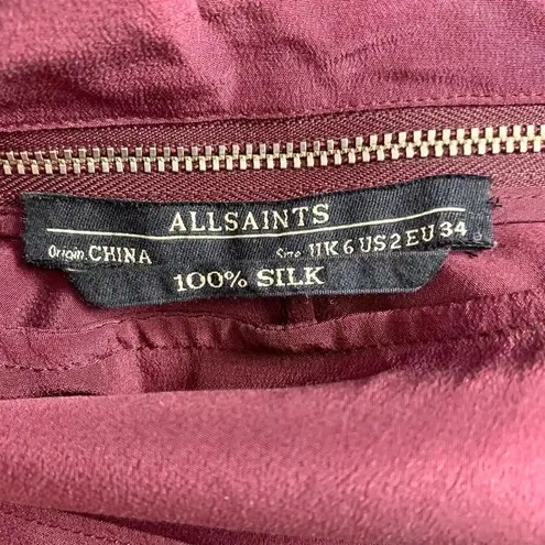 ALLSAINTS Adria Silk Zipper Dress Short Sleeve Draped Purple Burgundy Size US 2