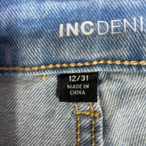 INC Denim high rise fashion basics shorts, embellished frayed hem, size 12