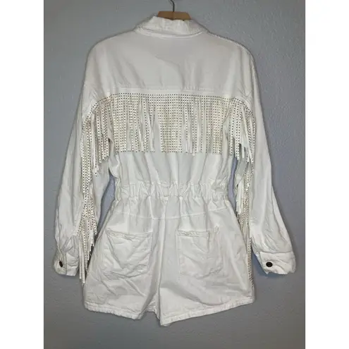Main Strip Gold Studded Fringe Cowgirl Denim Short Romper Size M Off White Boho