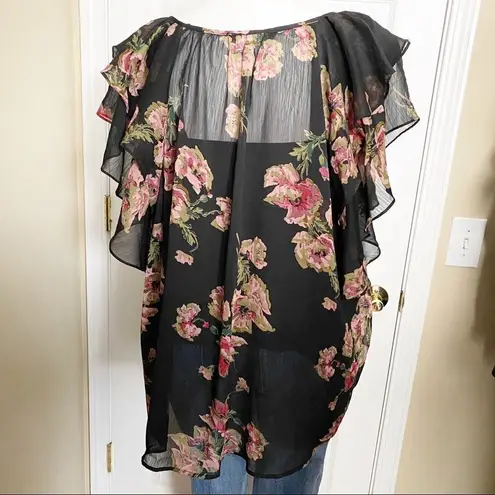 WD•NY WD NY 3X Sheer Romantic Floral Flutter Sleeve Top
