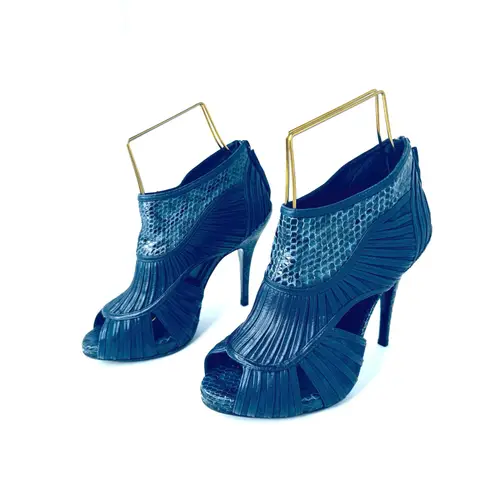 Dior Christian vintage Navy Snakeskin Embossed Open Toe Cutout Booties Size 37