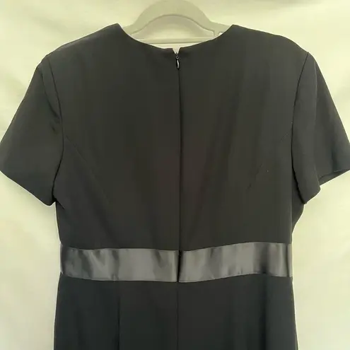 Talbots Vintage  Midi Dress Sz 12 Black Satin Bow Belt Short Sleeve Lined 80s USA