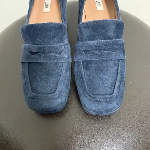 Bibi Lou Navy Blue Suede Leather Platform Block Heel Square Toe Loafers 41 Size 10