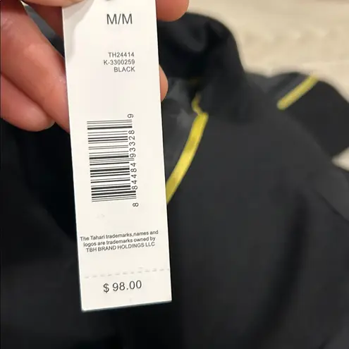 Tahari NWT T Black Collarless Open Front Faux Leather Trim Jacket Blazer M