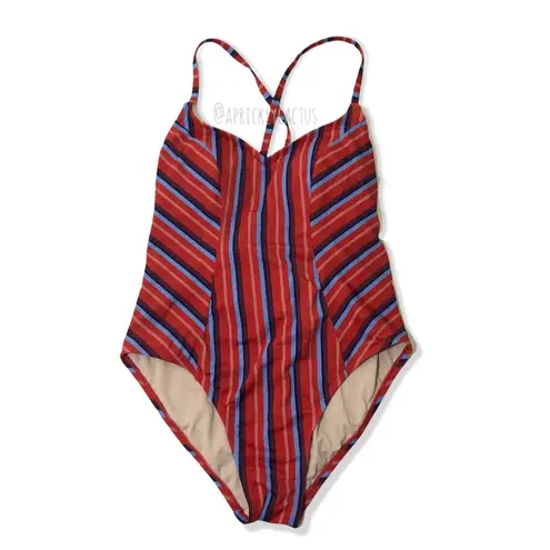 Kona Sol NWOT Red Blue Stripe Lace-Up Back Crisscross One Piece Swimsuit New