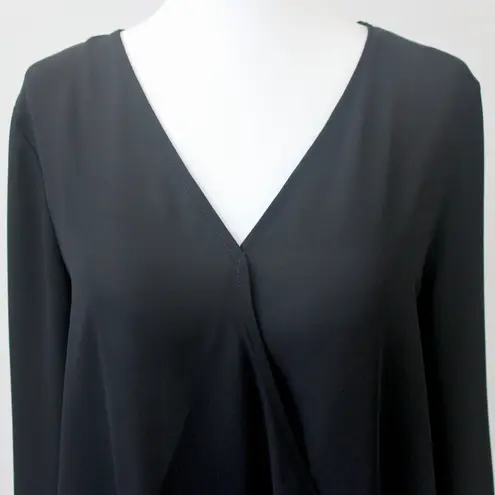 West Kei Black Tie Long-Sleeve Semi-Sheer V-Neck Flowy High-Low Blouse Small