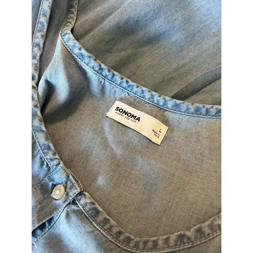 SONOMA TIERED BUTTON FRONT SCOOPNECK MIDI TANK SMOCK DENIM DRESS POCKETS L #193 Blue Size L