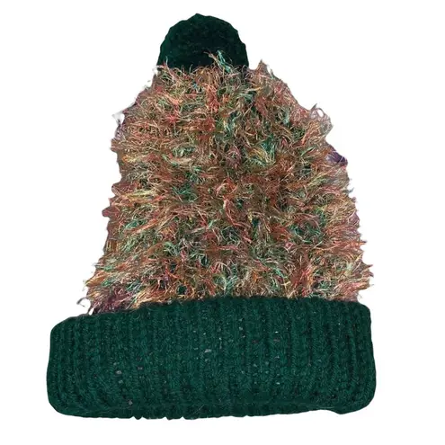 Vintage Multicolored Eyelash Beanie with Pom Green