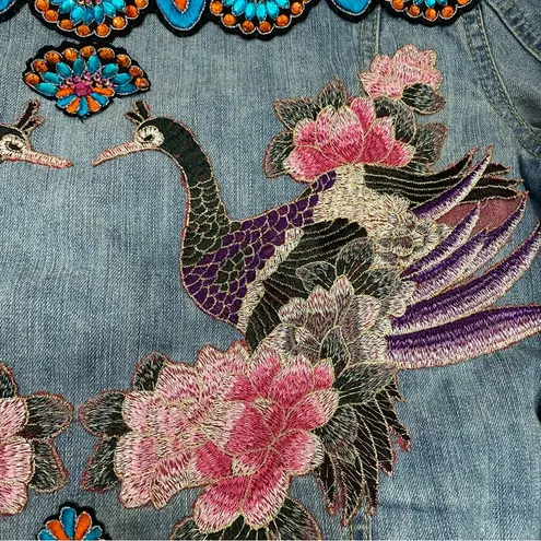 Customized Embroidered Patch Peacock Denim Jean Jacket Size M