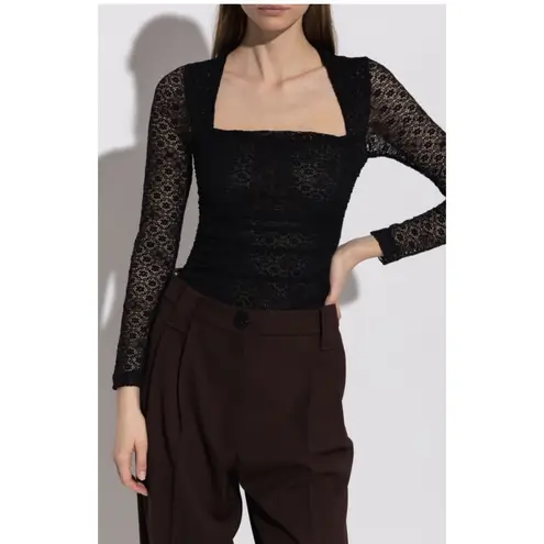 Ganni Women's Size Medium Bodysuit Black Lace Square Back Long Sleeve Lined