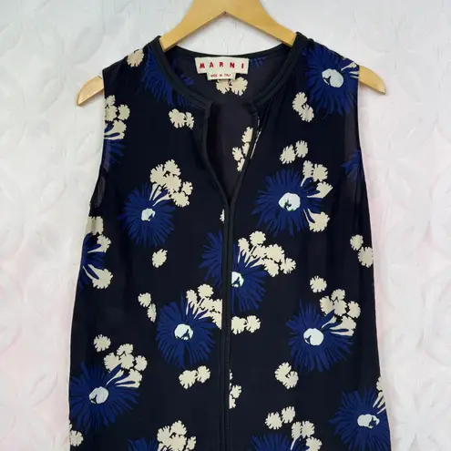 MARNI Silk Crepe Sleeveless Floral V Neck Blue Blouse Size 6 EU 42