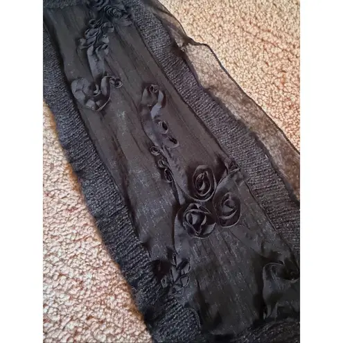 Brown Silk Chiffon Wool Blend Scarf Floral Appliqué Wrap Shawl Boho Romantic