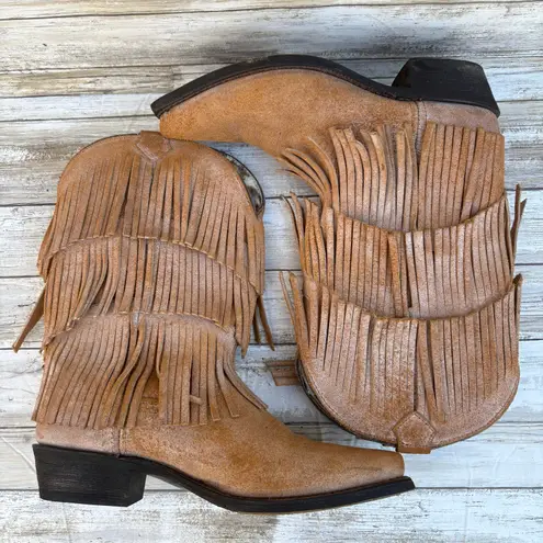 Dingo Western Cowboy Boots Sz 9.5 Tres Fringe Burnished Tan Leather Suede Boho