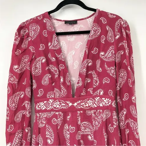 Majorelle Red Paisley Long Sleeve Gypset Boho Maxi Dress Size XS Deep V Neck
