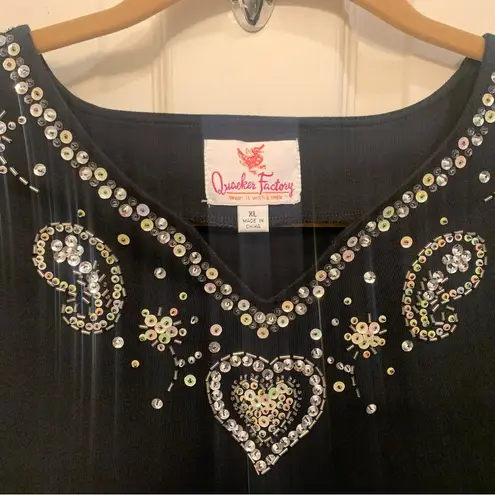 Quaker Factory Black Beaded & Sequence Heart & Flower 1x Shirt. 2151