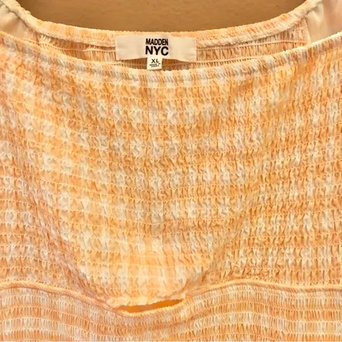 Madden NYC Smocked Gingham Plaid Off Shoulder Dress Orange White XL