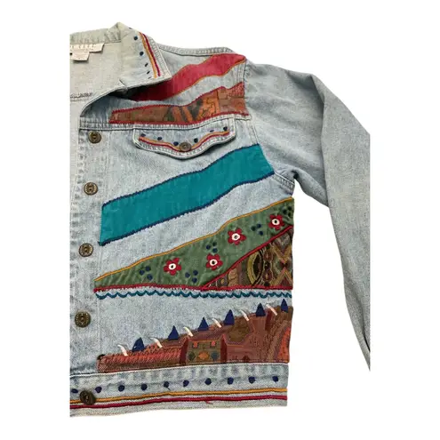 Petite Sophisticate Denim Jacket Southwestern Patchwork Embellished Size S