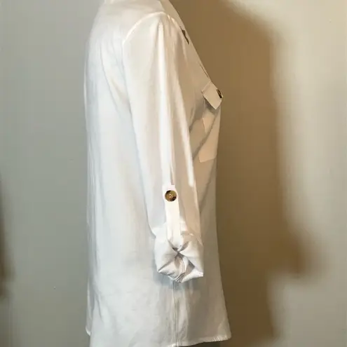 WHITE TEXTURED LONG SLEEVE BUTTON DOWN LINEN LIKE TOP w/ROLL TAB SLEEVES SZ. LG