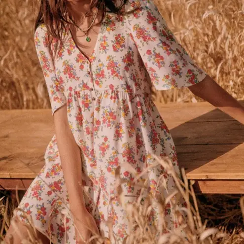 Sézane Melinda Floral Mini Babydoll Dress | Sz 34 (US 2) | White Floral Multi