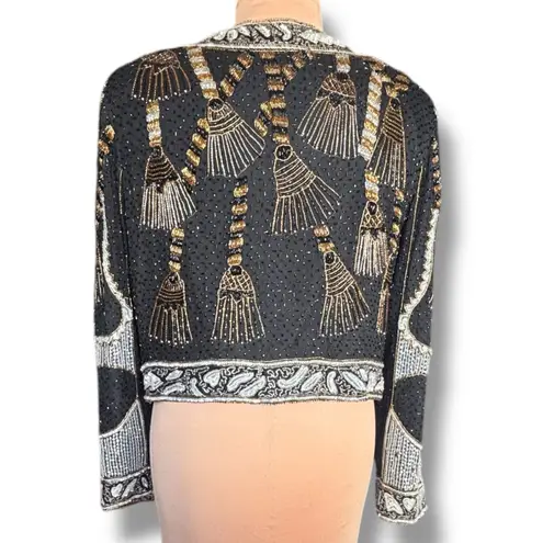 Vintage 80s Silk Beaded Metallic Sequin Jacket Black Gold Tassel Embellished XL
