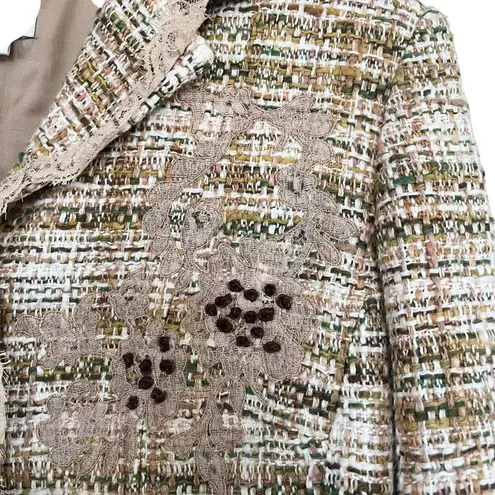 Vintage Rickie Freeman Teri Jon Beige Green Tweed Lace Trim 2 Piece Skirt Set 12 White