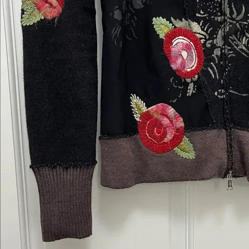One Girl Who Black Floral Embroidered Full Front Zip Sweater