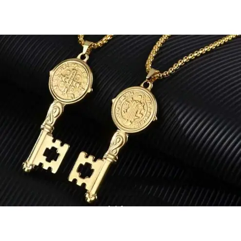 Boutique NEW Unisex Gold-Plated Saint Benedict Key Pendant Necklace, 16-18”