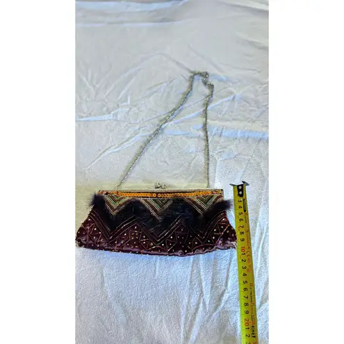 Vintage Beaded Faux Fur Clutch Purse Gold Chain 10x7 Evening Bag Red