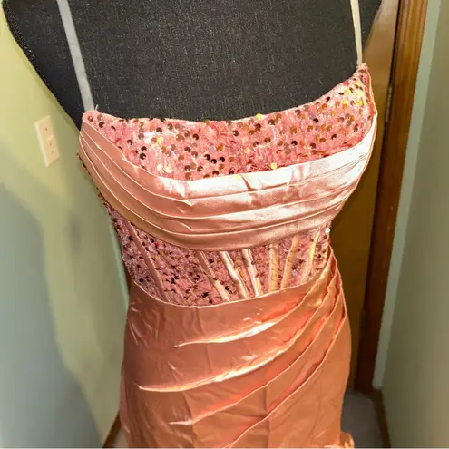 NWOT pink satin mermaid prom dress strapless corset lace up back front slit 4