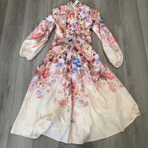 Commense Belted Balloon Sleeve Floral Tea Party Sophisticated Elegant Dress XS Pink