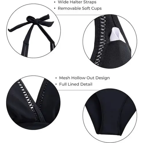 Tempt Me Black Halter Neck Sheer Striped One Piece Swimsuit Med NWT