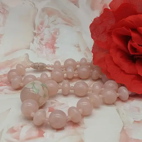 Vintage Pink Plastic Bead Collar Strand Necklace Large Floral Center Bead 18"