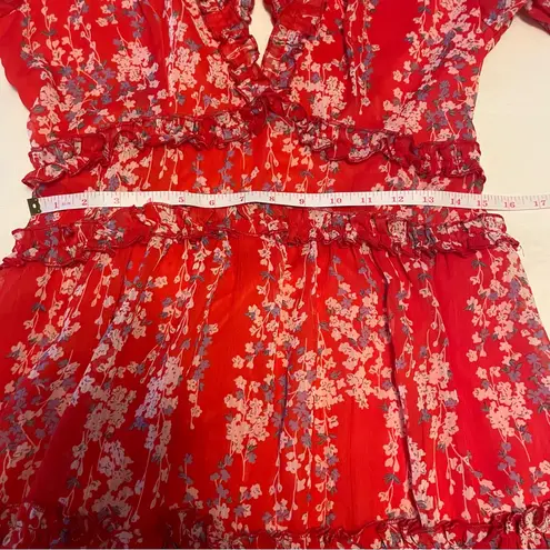 A Line Swing Mini Floral Dress Boho Deep V Neck Ruffle Open Back Junior Size XL Red