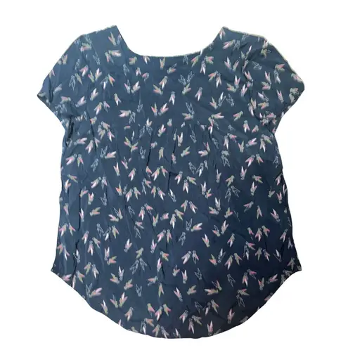 Hinge Navy V-Neck Bird Anthropology Med Blouse