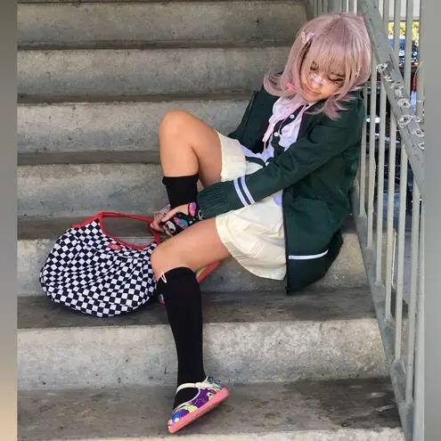 Chiaki Nanami Cosplay Anime Costume Jacket & Skirt EUC S w/ Pink Wig & Hair Clip Green
