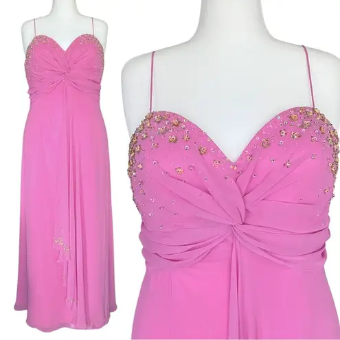 Vintage 90s Y2K Pink Whimsical Beaded Sequin Flower Prom Dress XL Fairycore Glam