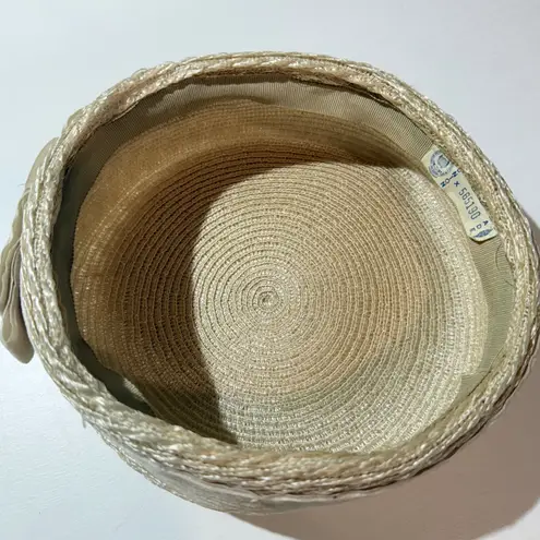 Vintage Union Made Straw Pillbox Hat with Velvet Ribbon Bow Beige Tan