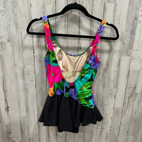 Vintage Robby Len 90s 80s Floral Neon One Piece Skirted Swim Suit Size Small Black