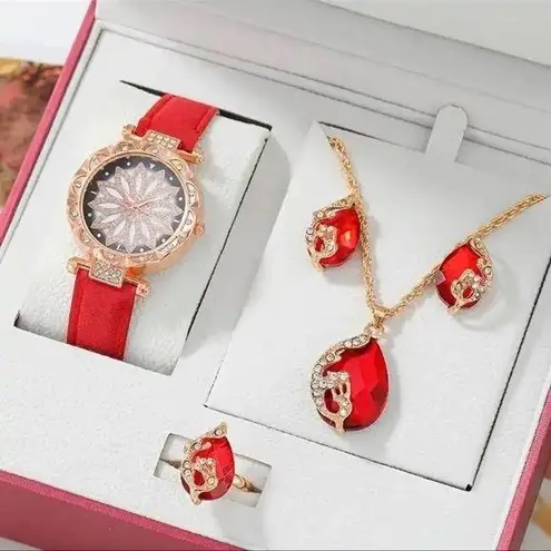 5Pcs Set Women Diamond Watch Starry Square Dial Bracelet Watches Set Ladies Leat White