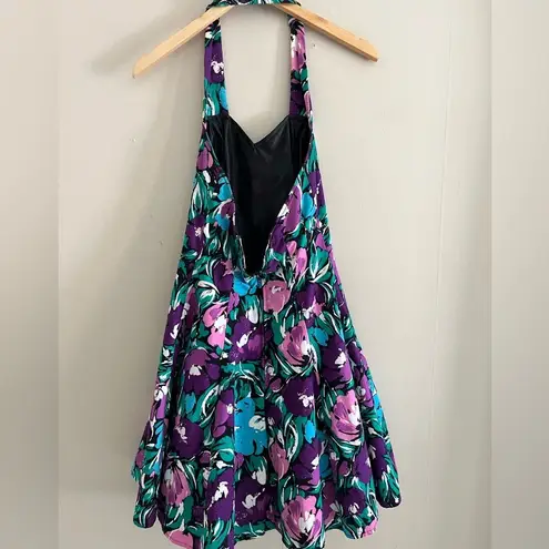 Vintage 80s 90s Floral Halter Mini Dress XS