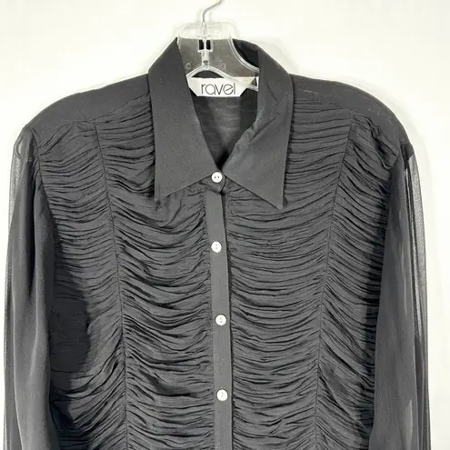 VTG Ravel Large Top Silk Semi Sheer Ruffled Gathered Front Pearl Button Up 364 Black