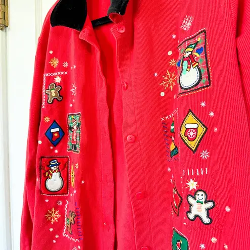 Designers Originals | 1990s Red Corduroy Collared Holiday Cardigan Sweater Size M