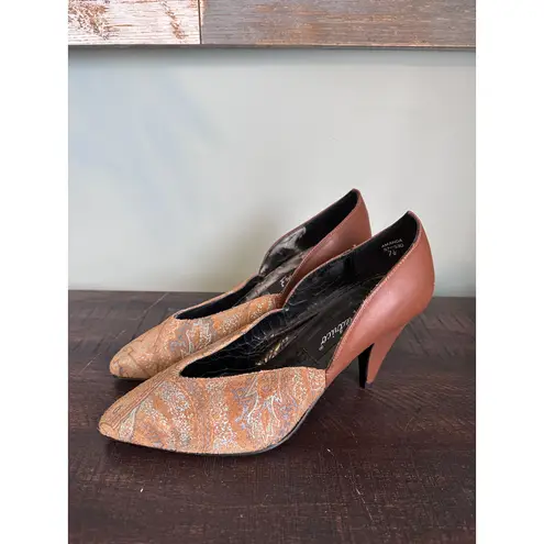 Vintage Fredrico Amanda Leather Brown & Turquoise D'Orsay Kitten Heels Size 7.5