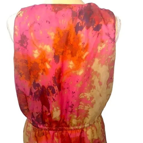 Vivienne Tam water color pink/beige poly sleeveless dress. Tie waist. Size M.