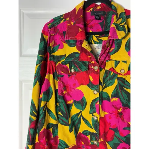 Tahari Linen Blend Tropical Floral Jacket Yellow Pink Green Button Front 1X